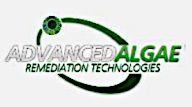 The logo for Dale's company, Advanced Algae Remediation Technologies. Text surrounded by a green ring and one green and blue circle and one circle with a blue stroke and white fill. The ring and circles look like two electrons in orbit.