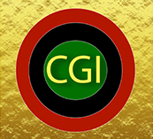 Logo for Creative Glass International company 3 circles - red outer, black middle, green inside circle with "CGI" in the center