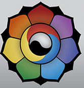 Logo for Unified Community. Flower with 7 petals, all different colors. The yin-yang symbol at the center of the flower