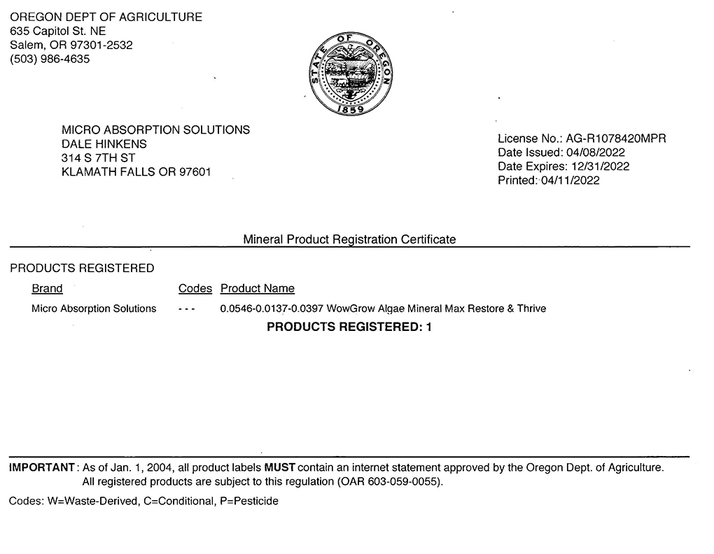 WOWGROWAlgae Mineral MAX AGproduct certification paperwork from the Oregon Department of Agriculture with the state of Oregon seal for 2022