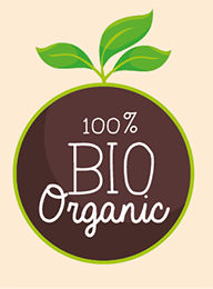 Sign with a circle and                                                                                                                                                                                                                                                                                                                                                                                                                                                                                  baby plant with a few leaves. Inside the circle is written " 100% bio organic"