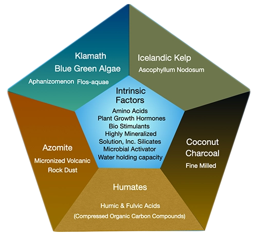 5-sided polygon chart listing the 6 ingredients that Mineral MAX AG is composed of.  A different color is used for each component