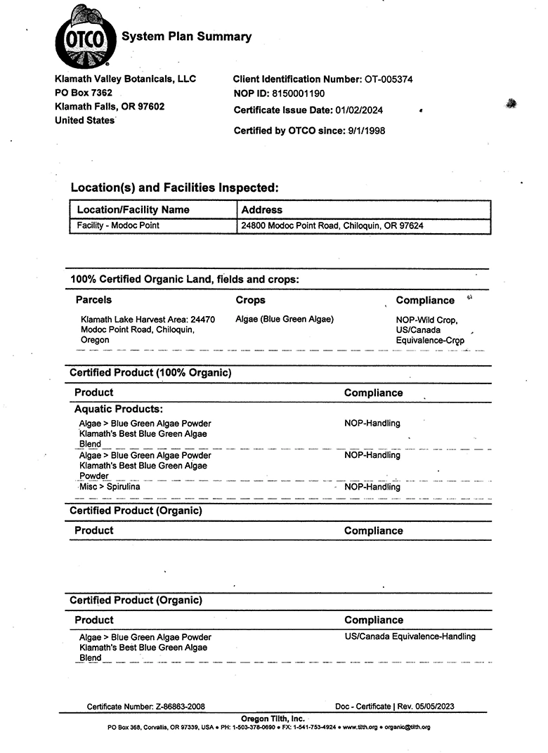 Compliance certificate for land, facility, crop