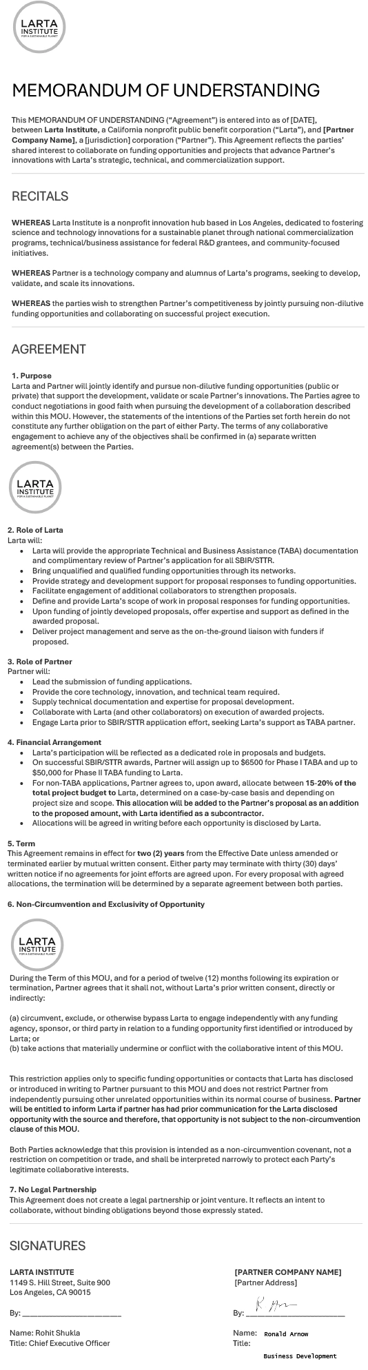Memorandum of Understanding with Larta Institute memo body