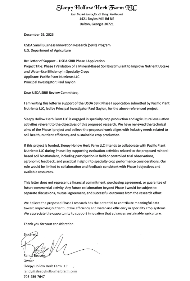 Letter of Support—Sleepy Hollow Herb Farm Letter of Support