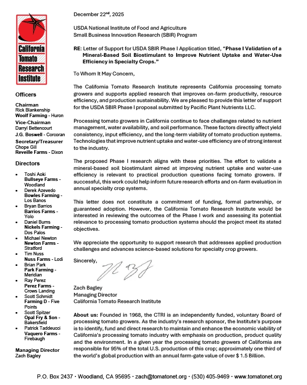Letter of Support for Field Trial—California Tomato Research Institute Support letter