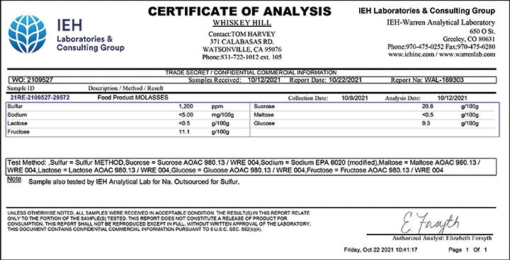 Product ingredient certification document