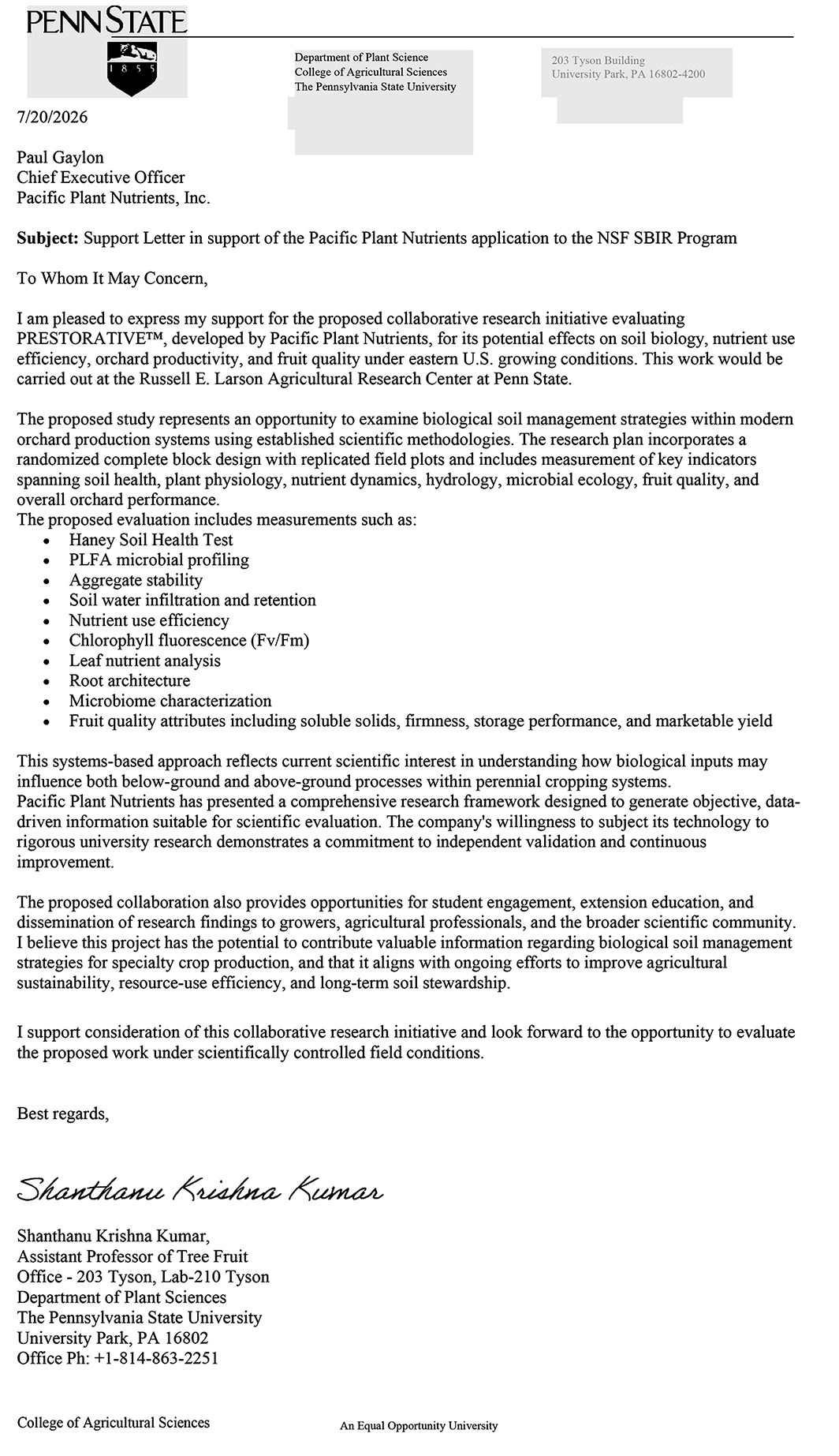 PA State Support Letter